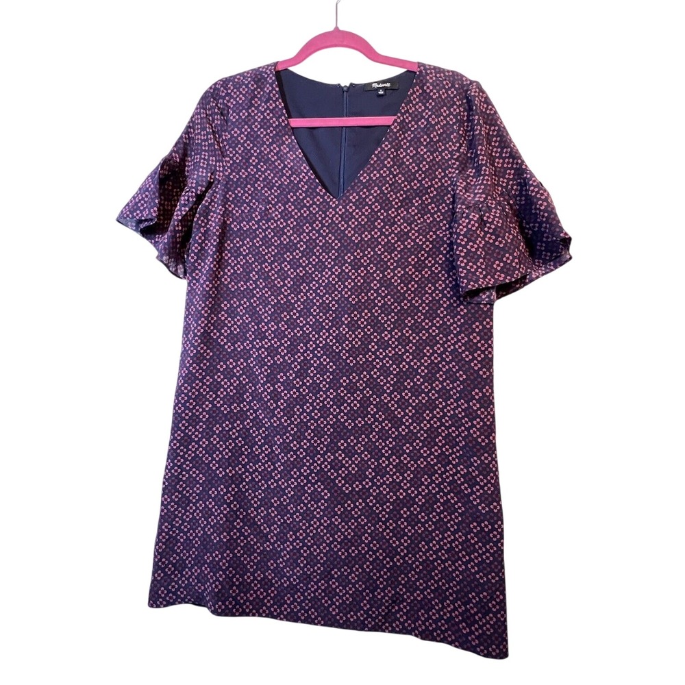 Madewell Womens Dress Silk Flutter Sleeve 2 Navy Blue Floral Shift G3194 Mini